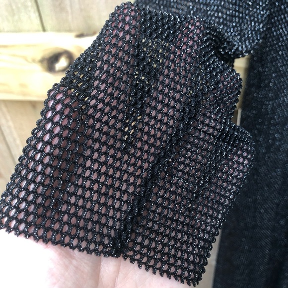 Zara Black Mesh Midi Dress Size L Long Sleeve Metallic Swim Cover V-neck Stretch - Picture 5 of 10